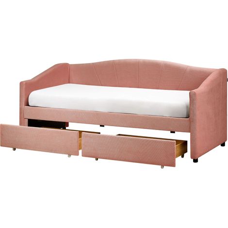 Lit à Deux Tiroirs en Tissu Rose Sommier à Lattes Cadre en Bois 90 x 200 cm Vittel