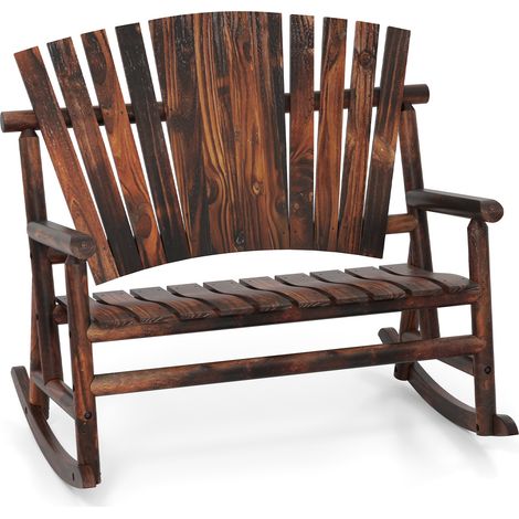 COSTWAY 2-Person Adirondack Rocking Chair Solid Wood Patio Bench Loveseat-Brown (1/5)