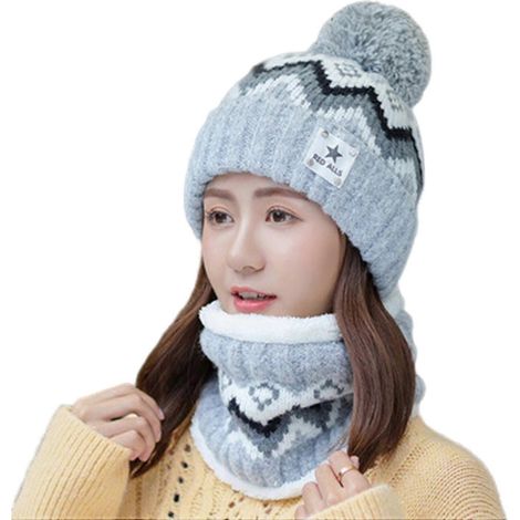 2-teiliges Wintermützen- und Schal-Set für Damen mit Plüschbommel-Dekor in Kontrastfarben und dickem Plüschfutter – kältebeständig-Grey (1/5)