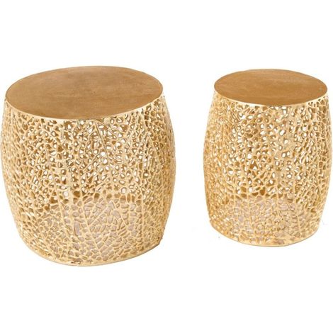 Lote de 2 mesas bajas METRIX bronce con pequeño motivo redondeado - Mesas bajas de diseño en aluminio y superficie con aspecto de madera (1/5)