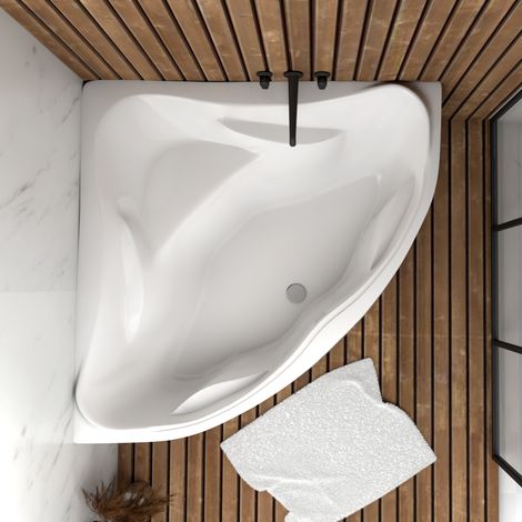 ECOLAM® Badewanne Eckwanne Ewa 134x134 cm symmetrisch Acryl weiß Ablaufgarnitur Ablaufgarniur Automatik Füße Silikon