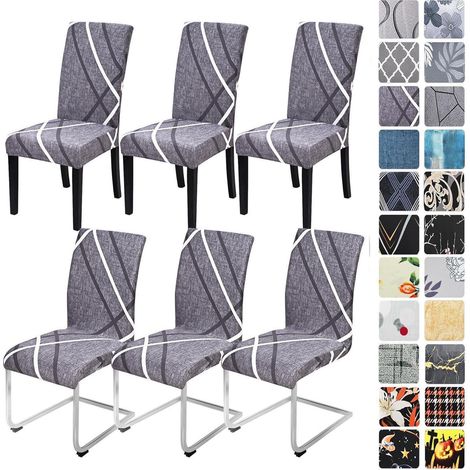 Stuhlhussen 6er Set Grau Weiß Linien, elastisch, waschbar, für Esszimmerstühle (1/5)