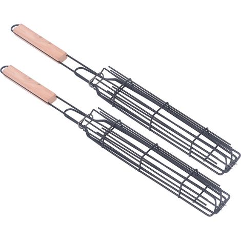 Panier à saucisses en acier inoxydable avec poignée en bois pour barbecue et camping (1 pièce). (1/5)