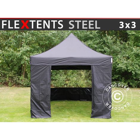 Pop up gazebo FleXtents Steel 3x3 m Black, incl. 4 sidewalls