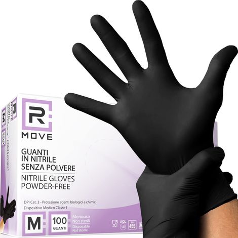 R Move Gants en Nitrile Jetables Noirs Taille M Sans Poudre Sans Latex Hypoallergéniques Usage Médical et Alimentaire - Paquet de 100 Pièces (1/5)