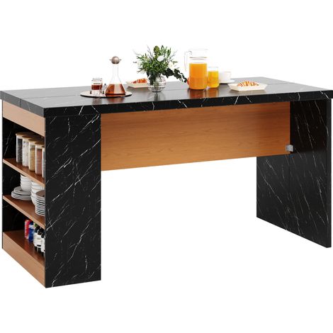 CHICFURN Îlot central de cuisine 155x80x90 cm avec LED et prises 2 AC + 2 USB, meuble de cuisine MDF noir et bois clair, 3 étagères ouvertes, plan 40 mm (1/5)
