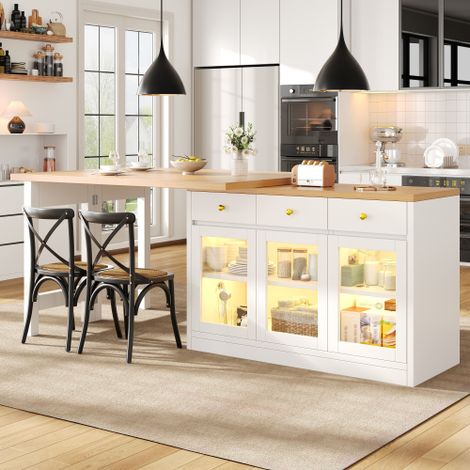 Table de Bar Extensible avec Rotation à 360°, Avec éclairage LED Table a Manger avec Espace de Rangement, Longueur Réglable de 120-180cm,Blanc