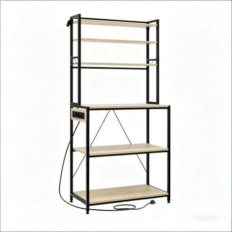 Table de rangement multifonction — Établi d'organisation modulaire (doté d'une structure métallique et d'un plateau effet bois) — Conception à assemblage modulaire, idéale pour la cuisine ou le salon (1/4)