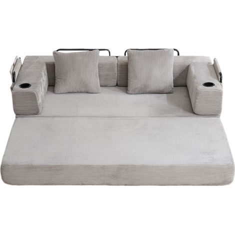 Divano letto da pavimento pieghevole in tessuto a coste grigio chiaro 185 x 92,5 x 60 cm (1/5)