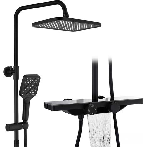 Système de douche avec thermostat, étagère en verre noir, douche à (1/5)