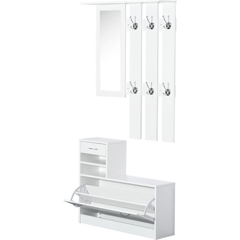 Ensembles 3 en 1 de meuble d'entrée vestiaire avec panneau porte-manteau, miroir et banc à chaussures - 6 crochets et étagère réglable, blanc