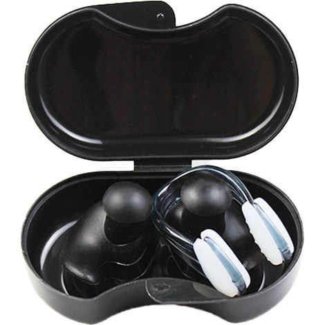 Coffret noir comprenant pince-nez et bouchons d'oreilles pour la natation, protégeant ainsi les oreilles et le nez de l'eau. (1/5)