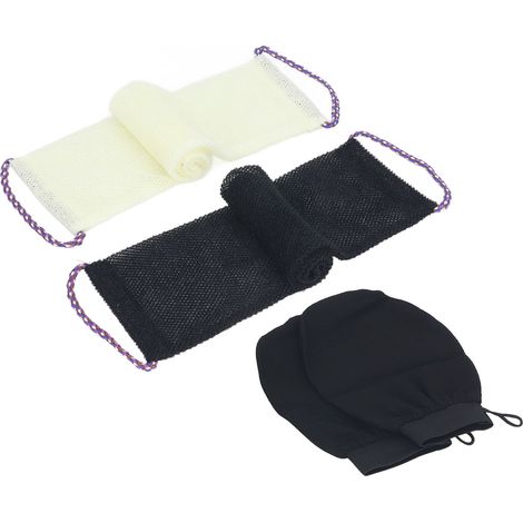 Set di 4 guanti esfolianti in nylon con chiusura a coulisse, ideali per detergere e insaponare la pelle, appositamente progettati per le donne, bianco e nero, set da 4