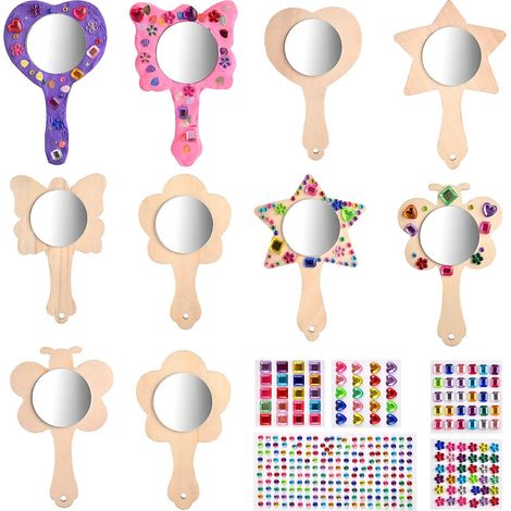 Lot de 10 miroirs en bois à monter soi-même pour enfants - Mini miroir princesse en bois, miroir à main non fini (1/5)