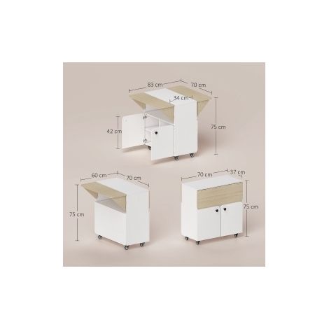 Table pliante à roulettes avec double plateau rabattable et rangement, bois naturel et blanc, 70 x 83 x 75 cm (1/5)