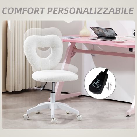 Fauteuil de travail en velours teddy et similicuir blanc, dossier en forme de cœur, hauteur ajustable 78-88 cm, avec roulettes, 45x56 cm (1/5)