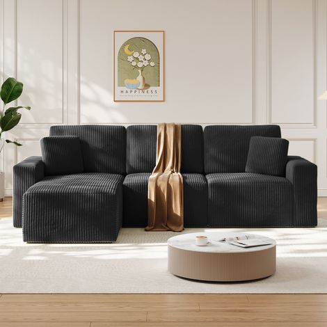 NECHE Modulares Ecksofa – Schwarzer Cord,3-Sitzer-Kombisofa + Chaiselongue,Frei kombinierbar,254 x 160 x 87 cm