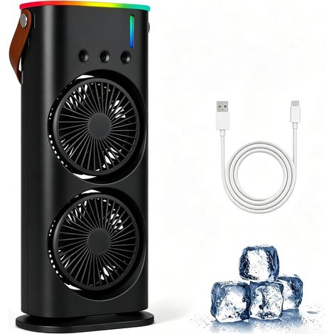 Mini climatiseur portable 4 en 1, réservoir d'eau de 280 ml, ventilateur rechargeable par USB avec fonction d'humidification, 3 vitesses de ventilation, 3 niveaux de brumisation et éclairage LED, clas (1/5)