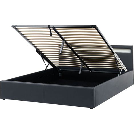 Ottoman Bed Black Faux Leather Upholstery LED Multicolour Illuminated Headboard Slatted Base 5ft3 EU King Size ARMELLE (1/5)
