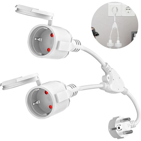 Double prise pour prise 16 A/250 V, adaptateur de prise, IP44, rallonge avec couvercle étanche, avec contact de protection et câble de 1,5 mm², pour cuisine, bureau, extérieur - Blanc (1/5)