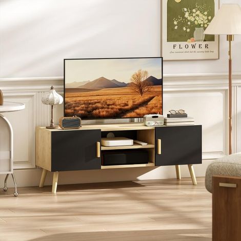 Meuble TV meuble télé bois banc TV jusqu'à 50 pouces avec étagères, 2 placards et passe-câbles, chêne