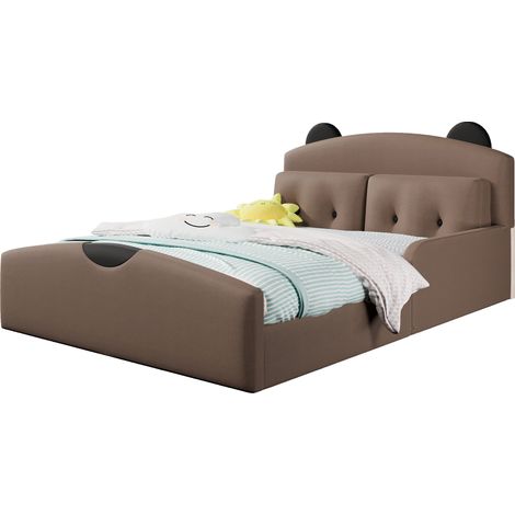 Letto a 2 posti 140x200 cm in lino color caffè con testiera a orsetto e 2 cuscini (1/5)