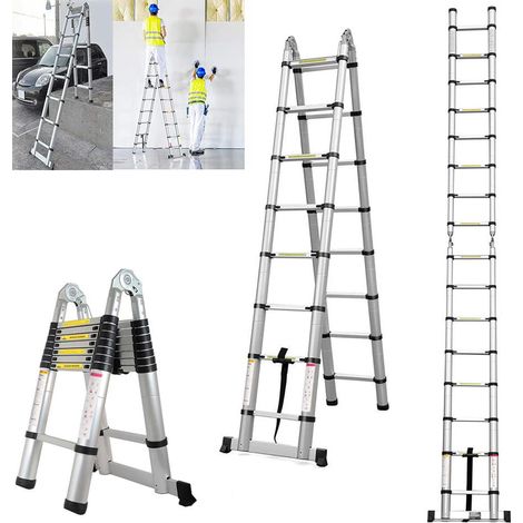 Échelle télescopique de 5 m avec stabilisateur, 2,5 m + 2,5 m, portable, multifonction, avec pieds en caoutchouc antidérapants, extensible, pliable, en acier inoxydable, 150 kg, pour le jardin et