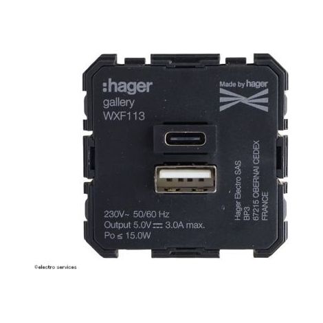 Hager – Chargeur double USB A+C à encastrer – Courant de sortie max. 3000mA – Tension 200-250V – Pour usage intérieur
