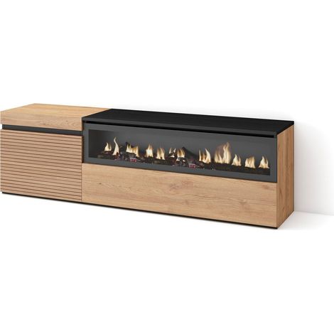 Skraut Home – Meuble TV avec cheminée électrique – Dimensions 150x35x45cm – Pour TV jusqu'à 65" – Style moderne chêne noir – Grand espace de rangement (1/5)