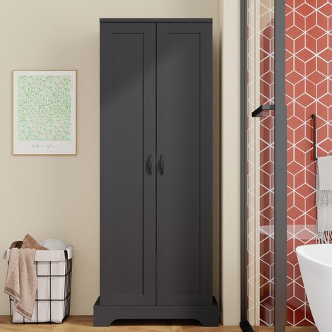 Meuble de salle de bain de 56 × 40 × 170 cm de hauteur (revêtement résistant à l’humidité, portes à double battant, 4 étagères de rangement, tablette réglable, charnières à fermeture douce), couleur n