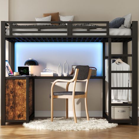 Lit superposé - LED - 140x200 cm - Bureau intégré, rangements - Métal - Noir (1/5)