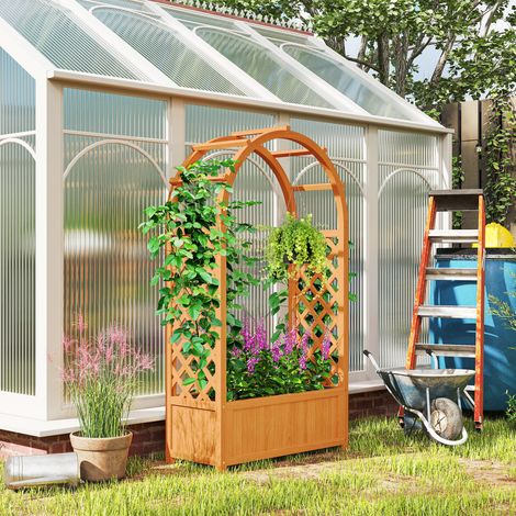 Parterre haute Boîte à plantes avec treillis, toit voûté Rangée Pot à plantes Bois 83 x 36 x 145 cm Brun clair (1/5)