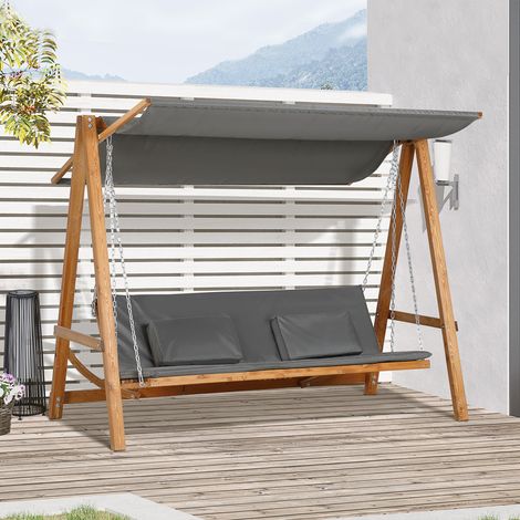 Outsunny Hollywoodschaukel mit Bettfunktion 3-Sitzer Gartenschaukel Lärche Holzschaukel mit verstellbarem Sonnendach Schaukelbank belast 250kg Gartenliege für Terrasse, 225,5 x 113 x 180 cm Grau+Teak