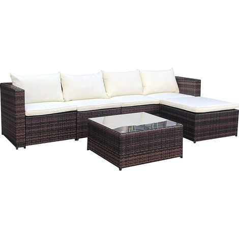 EVRE Rattan Outdoor Garden Furniture Set Miami Sofa Coffee Table, Foot Stool Rattan (Brown) (1/4)