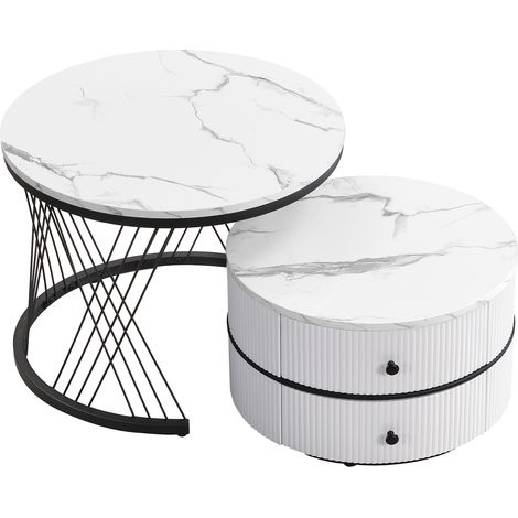 Set aus 2 weißen, runden Couchtischen in Hochglanz-Marmoroptik mit 2 Schubladen (1/5)