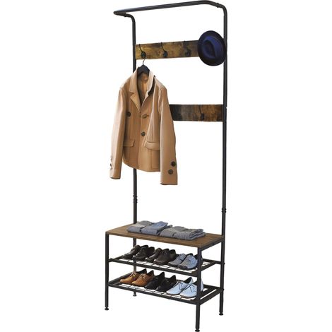 Porte-manteau avec étagère à chaussures Lukïen - Meuble d’entrée avec banc de style industriel -183x66x32,5 cm - Métal et bois - Noir et marron - Meuble de couloir ou d'entrée (1/5)