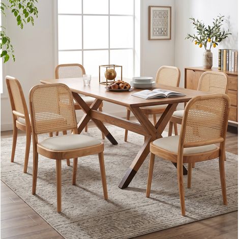 Sillas de comedor de madera y ratán, asiento de lino, lote de 6, color madera DESVIAE (1/5)