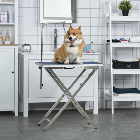 Table Toilettage Animaux Pieds Pliants Antidérapants Poignée Accoudoir 72x45x74-81 Compagnie Bleu