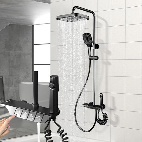 Colonne de Douche Noire avec Tête Carrée 30x19cm Ensemble de Douche 4 Modes et Hauteur Réglable 86-120cm Douchette avec Mitigeur Pommeau de Douche Salle de Bain