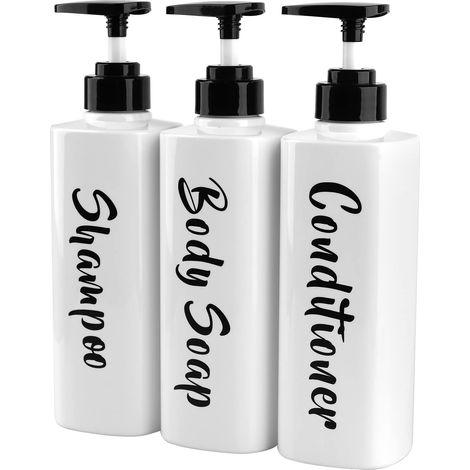 Lot de 3 distributeurs à Pompe de 500 ML - Distributeur de Gel Douche - Bouteille à remplir - Distributeur de Lotion Rechargeable pour lotions de Douche, shampooings, Blanc'Blanc 6.5x6.5cm'Blanc'6.5x6
