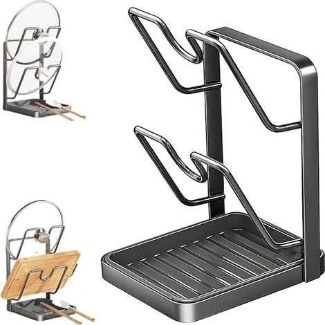 Support de couvercles 2-en-1 – Organisateur pour 2 couvercles (16–34cm), porte-couvercles et repose-cuillère, organisateur de cuisine gain de place, stable et facile à nettoyer (A) (1/5)