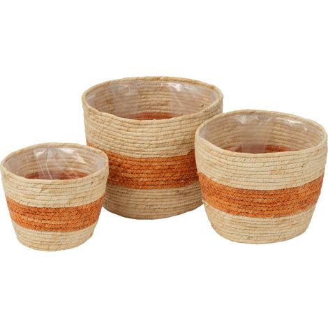 Lot de 3 Paniers Déco "Ligne" 26cm Naturel & Orange