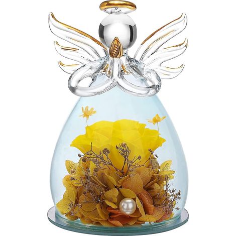Cadeau pour la fête des mères ou l'anniversaire de maman : Statue d'ange en verre ornée de jolies fleurs violettes - Bleu foncé - Orange ange (1/5)