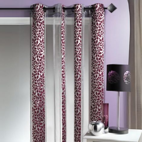 Voilage organza jacquard à motif feuillage Prune 140x260 cm