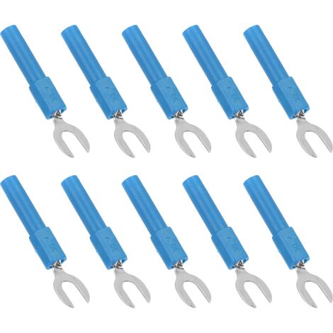 Lot de 10 connecteurs de fils en forme de fourche et de pelle, en laiton, type Y 6 mm/0,2 pouce, broches 4 mm/0,2 pouce, fiche banane, maximum 30 Vca-60 Vcc 10 A, bleu. (1/5)