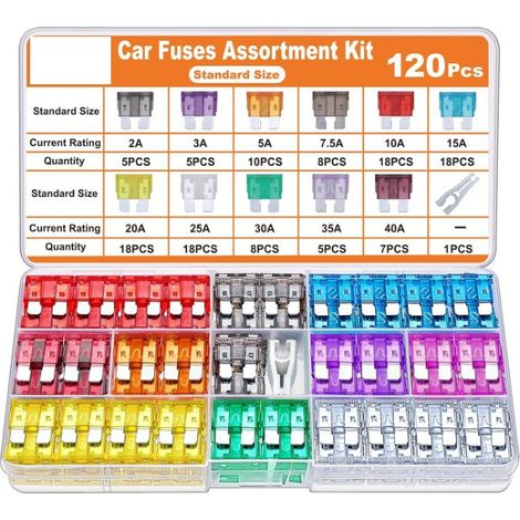 120Pcs Fusible Voiture Set - pour Fusibles Auto Truck/RV/Camion/Moto (2A 3A 5A 7.5A 10A 15A 20A 25A 30A 35A 40A) - Plats Moyenne Fusibles Automobile + 1Extracteur