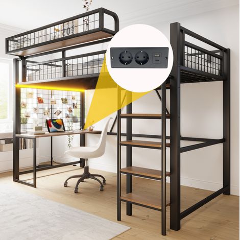 Lit mezzanine métal 90x200 cm avec bureau, rangements, LED et prise électrique, échelle et barrières de sécurité, noir (1/5)