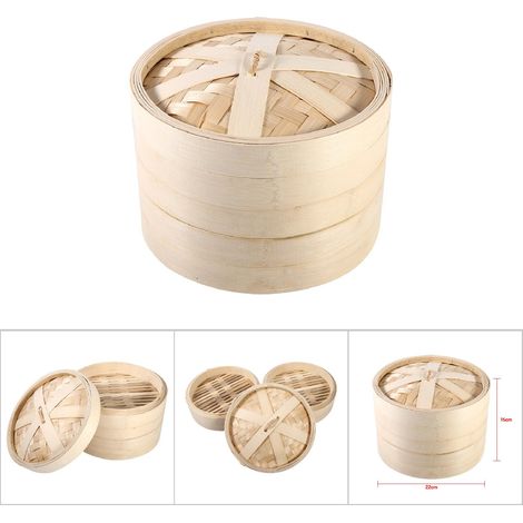 Panier vapeur bambou 2 étages naturel pour cuisson riz et aliments avec couvercle (22cm) (1/5)