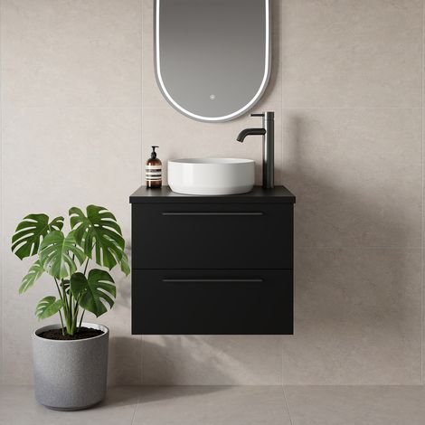 Napoli 390 Matt Black 600mm Wall Mounted 2 Drawer Vanity Unit for Countertop Basins - 600mm - Gunmetal Grey 320mm Handle