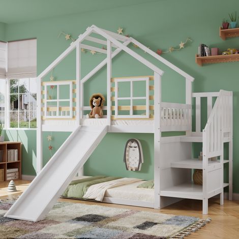 Lit superposé enfant 90 x 200 cm en bois avec toboggan,lit cabane,Lit mezzanine avec barrières de sécurité,cadre de lit enfant,blanc (1/5)